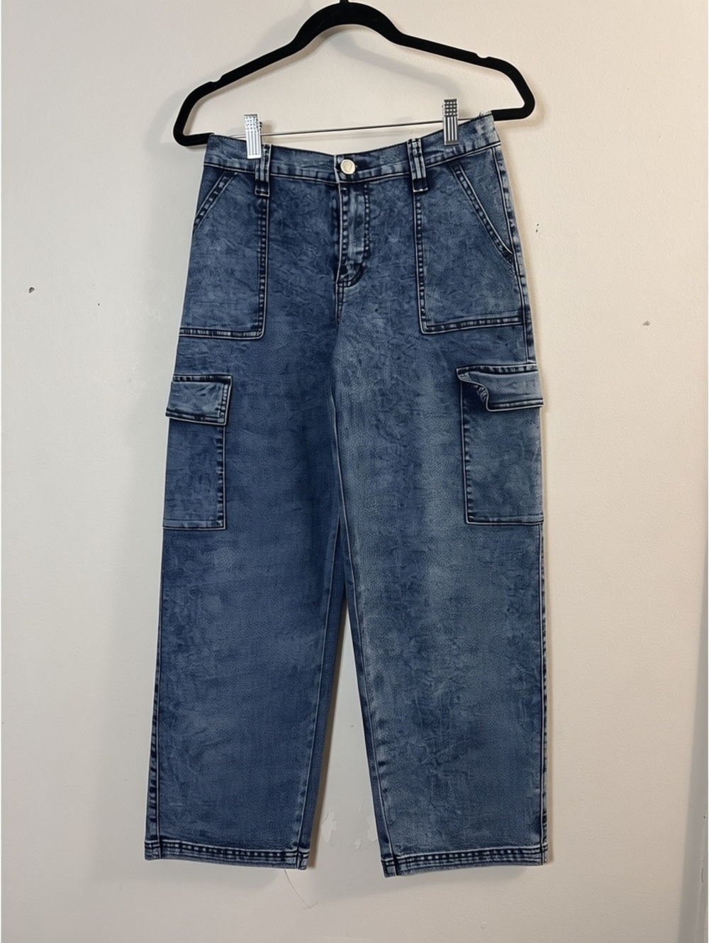 Madden Girl Women's Acid Wash Wide Leg Cargo Jeans Size M Blue Y2K